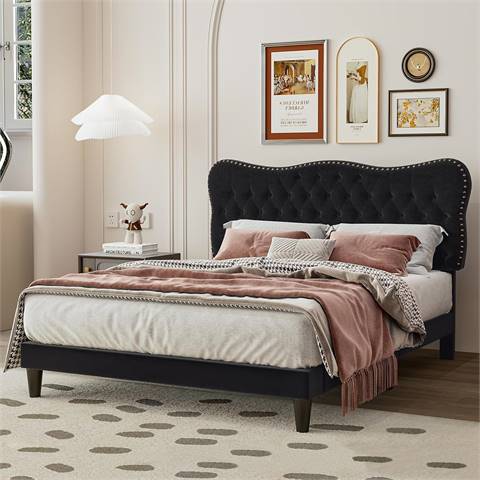 Queen Size Bed Frame, Suede Fabric Upholstered Platform Bed Frame with Adj/Headboard